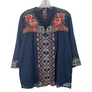 Johnny Was 3J Workshop Embroidered Rose Flower Long Sleeve Blouse Top - Sz S